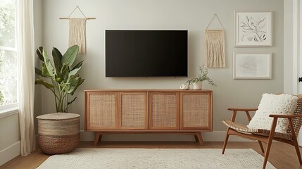 Modern Living Room Decor Featuring Rattan Cabinet and Artwork
