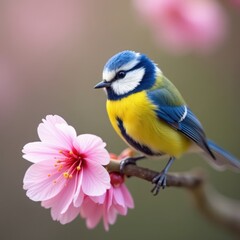 Obraz premium Blue tit perched on delicate pink cherry blossom branch, flower, nature photography