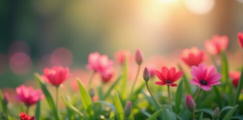 Obraz premium Blurred floral bokeh, vibrant hues, abstract spring scene , floral, out of focus, beautiful