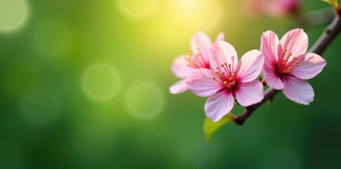 Blurred green and pink blossoms, glowing bokeh effect , bloom, spring background, spring