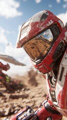 War-torn robot soldier, desert battle, aircraft, videogame