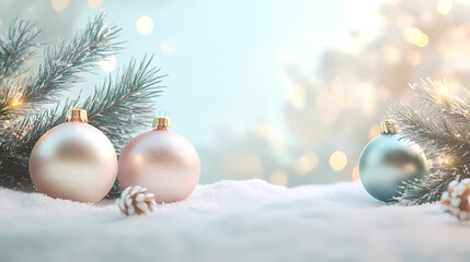 Dreamy Snowy Scene with Christmas Ornaments