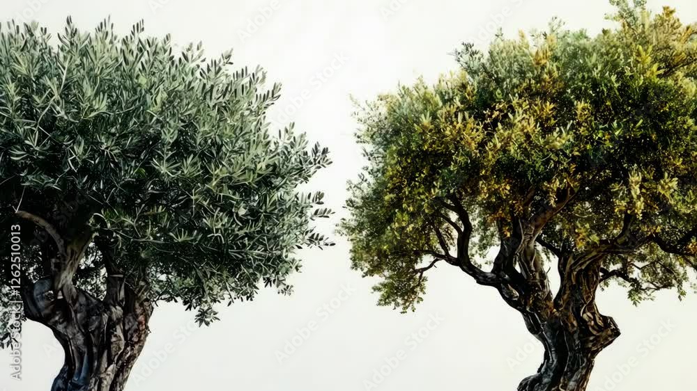 Poster two olive trees showcasing different stages of growth against a simple backdrop in a serene setting