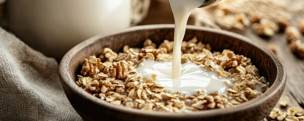 Creamy milk being poured into wooden bowl of granola, creating cozy breakfast scene. rustic setup evokes warmth and comfort, perfect for morning meal