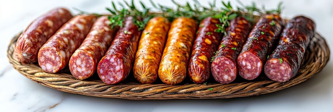 This image depicts a beautifully presented assortment of sausages, artfully arranged with vibrant greens, perfect for any culinary showcase or gastronomic event.