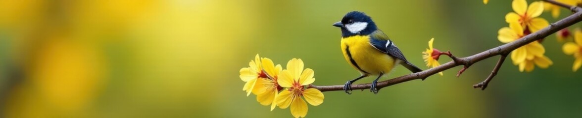 Bright yellow great tit on a flowering branch , spring bloom, bird, springtime