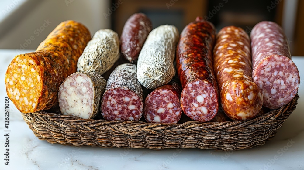 Poster an elegantly arranged selection of various types of salami presented in a rustic basket, showcasing 