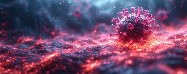Coronavirus covid-19 cell microscopic view in red and blue colors. Medical science research, virus infection, pandemic disease concept. 3d visualization illustration