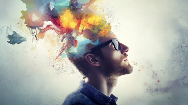 Konzeptionelles Portrait eines Menschen mit explodierenden Farbwolken. Kreative Darstellung von Gedanken und Bewusstsein. Surreale Fotomanipulation mit Farben
