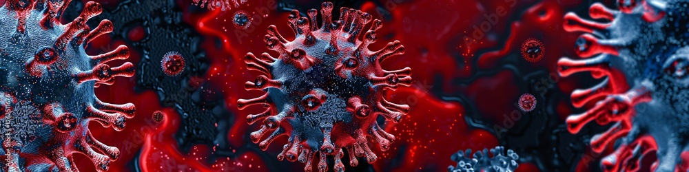 Poster microscopic 3d visualization of coronavirus cells floating in red blood. covid-19 virus structure cl