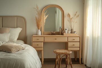 Elegant bedroom with a wooden vanity and natural decorations in soft lighting