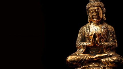Obraz premium A golden Buddha statue in a meditative pose against a black background.
