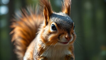 Obraz premium Captivating portrait of a male bushy tailed squirrel in a softly blurred forest setting