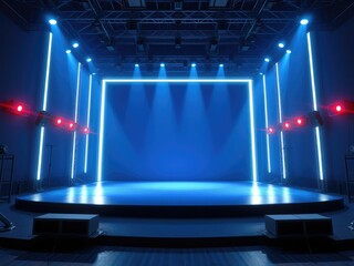 Wide-angle view of blue lit stage with neon frame and stage equipment, blue light, high-tech lighting