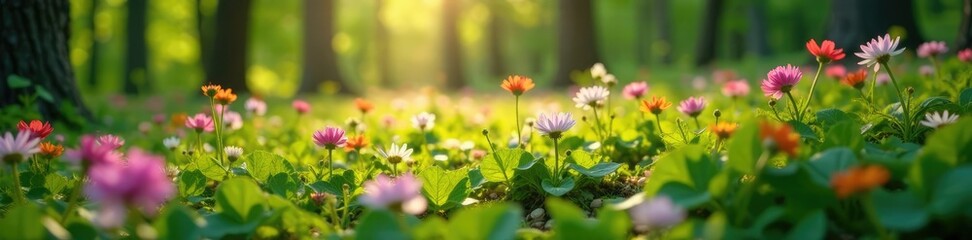 Fototapeta premium Wildflowers blooming on the ground in a springtime forest, sunlight, leaves