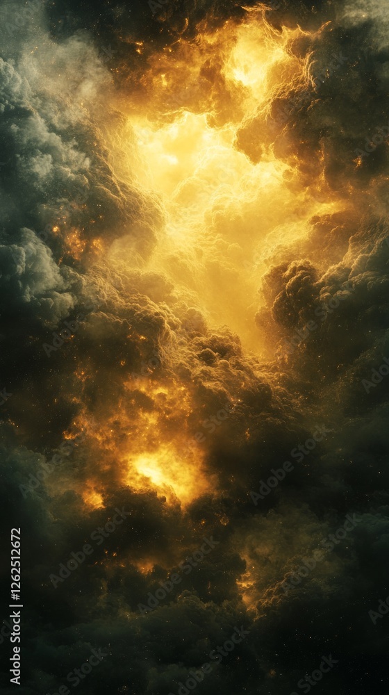 Poster a captivating display of dark clouds illuminated by warm golden light, creating a striking contrast 
