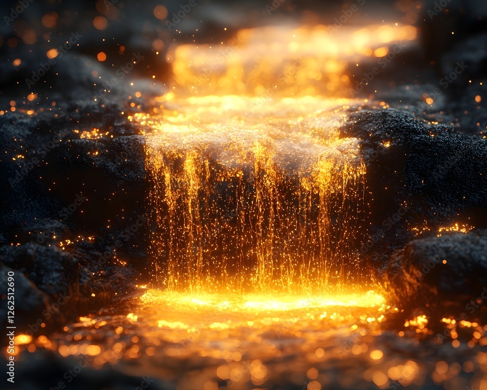 Poster Surreal Glowing Gold Streams Flowing into a Central Financial Hub Symbolizing Cash Flow and Resource Allocation
