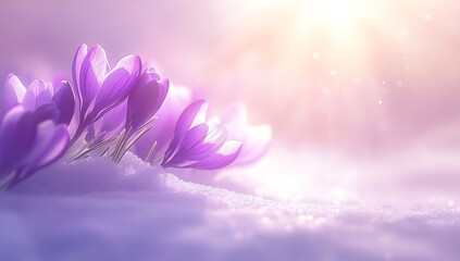 Serene Spring Awakening Purple Crocuses Bloom Amidst Melting Snow Bathed in Soft Sunlight Symbolizing Hope and Renewal in a Peaceful Scene