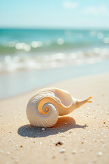 Obraz premium Summer beach with strafish and shells on Fine Sand – Soft Natural Lighting Highlights Its Curves and Texture, Creating a Peaceful, Beach-Inspired Aesthetic Perfect for Travel and Ocean-