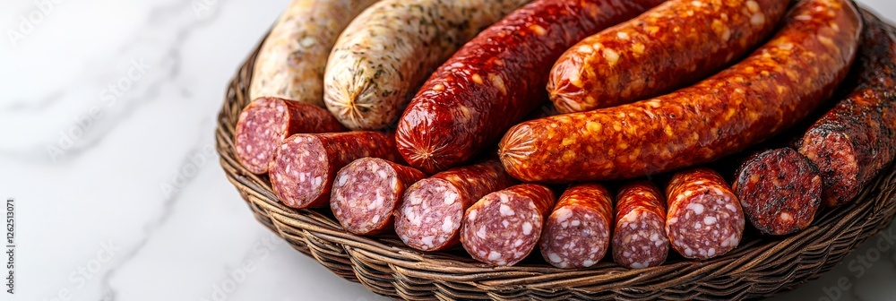 Poster a visually appealing arrangement of various sausages on a woven basket, showcasing the rich colors a