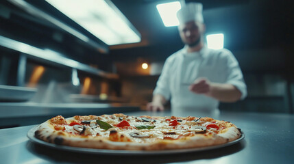Delicious pizza on the table in the kitchen against the background of a cook