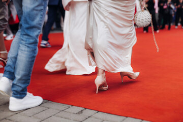 Red carpet with ropes and golden barriers on a luxury party entrance, cinema tv premiere film festival event award gala ceremony, wealthy rich guests arriving, outdoor decoration elements, summer day