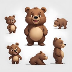 Cartoon Brown Bears Collection with Various Poses on White Background