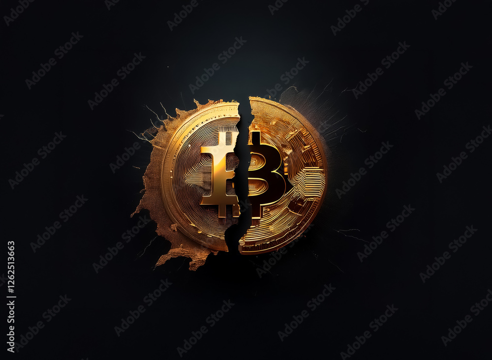 Poster a fractured golden coin with a central 'b' symbol is dramatically split against a stark black backdr