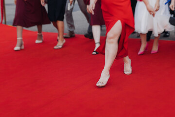 Red carpet with ropes and golden barriers on a luxury party entrance, cinema tv premiere film...