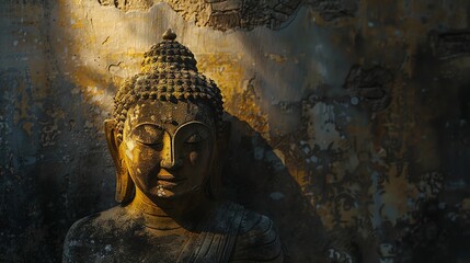 A close-up of a weathered golden Buddha statue with eyes closed.