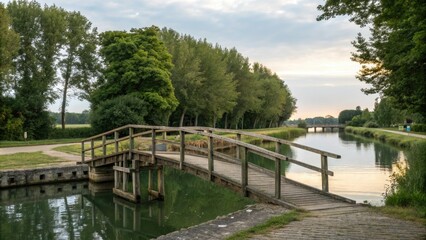 Wooden bridge with a canal underneath, wooden, urban planning, city road, transport