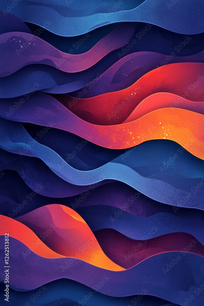 Poster abstract design features wavy patterns in vibrant blue and orange hues, creating a visually striking