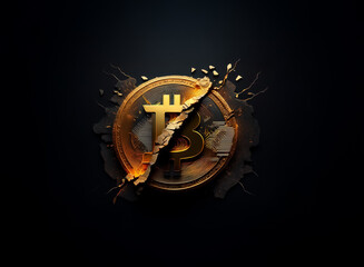 Golden Bitcoin symbol is cracked and breaking apart against a dark background, representing digital currency issues.