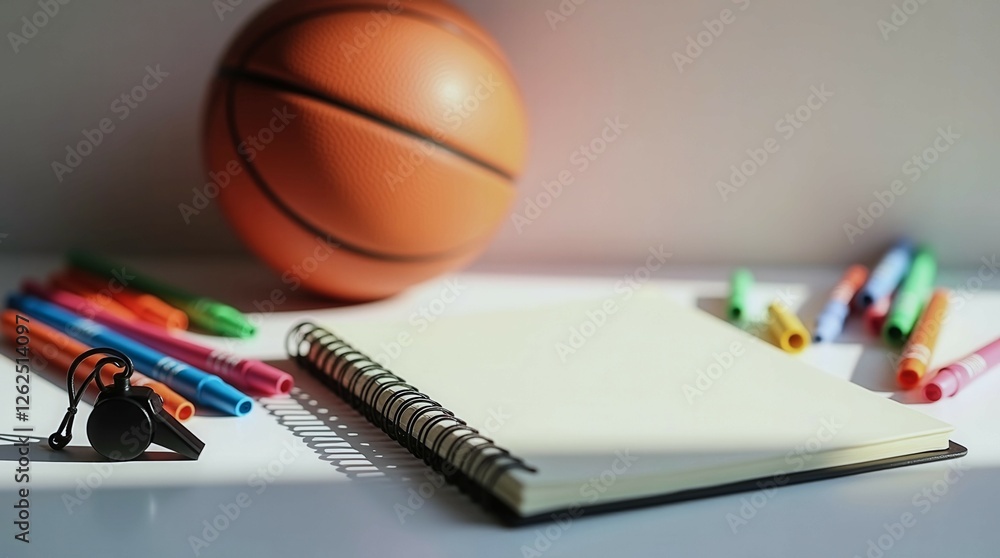 Poster a basketball sits on a table next to a notebook and a pen. the notebook is open to a blank page