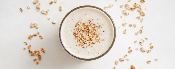 Creamy oat milk topped with dry oats, surrounded by scattered oats. wholesome and nutritious beverage perfect for breakfast or snack
