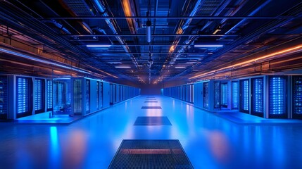 Fototapeta premium Advanced data center infrastructure featuring vibrant blue server racks