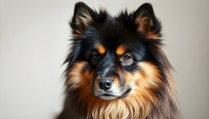 Portrait of a Finnish Lapphund with Dark Eyes and Fluffy Black Tan Coat