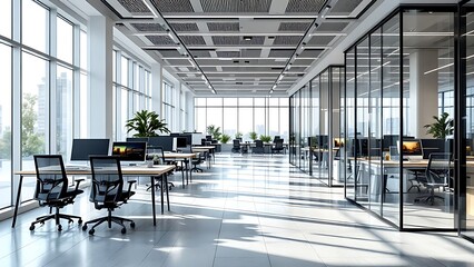 This is a modern and bright office space with an open floor plan, glass-walled offices, and a variety of collaborative workspaces.