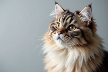 Close-up of a fluffy Persian cat, pearl gray backdrop, cute, studio shot, soft