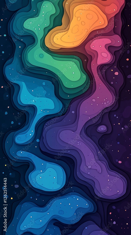 Poster colorful abstract swirls of blue, green, and purple flow across a dark backdrop, creating a dynamic 