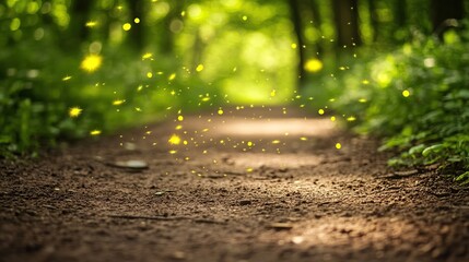 Firefly Path Forest Trail, Summer Dusk, Magical Glow, Nature Scene