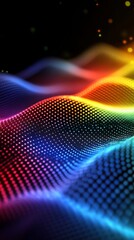 Flowing waves of vibrant colors and glowing dots create a hypnotic effect against a dark background, showcasing abstract digital artistry and movement