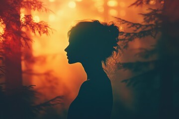 Silhouette of a woman in profile against a fiery sunset backdrop in a forest.