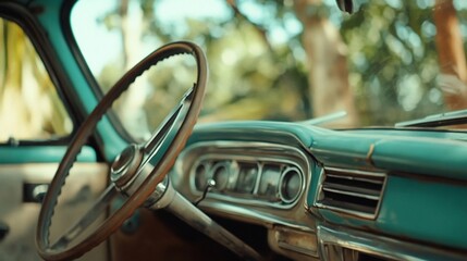 Obraz premium Vintage car interior, tropical setting, sunny day, travel