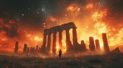 Silhouette at Ancient Ruins Under Fiery Starry Sky - Made with Generative AI