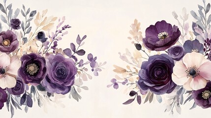 Fototapeta premium Purple watercolor floral border on white, featuring graceful blooms and soft hues for a sophisticated and timeless visual appeal.