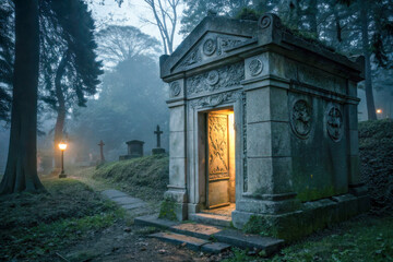 Old stone mausoleum with glowing door in foggy graveyard at night