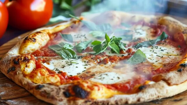 Delicious wood fired pizza with fresh basil and melted mozzarella on rustic wooden table hot savory treat, 4k video