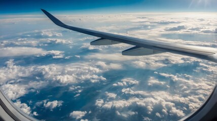 Obraz premium Airplane Wing View Above Clouds and Blue Sky During Flight