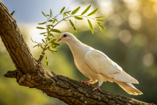 White dove perched on a tree branch holding an olive twig in its beak, symbolizing peace and hope
